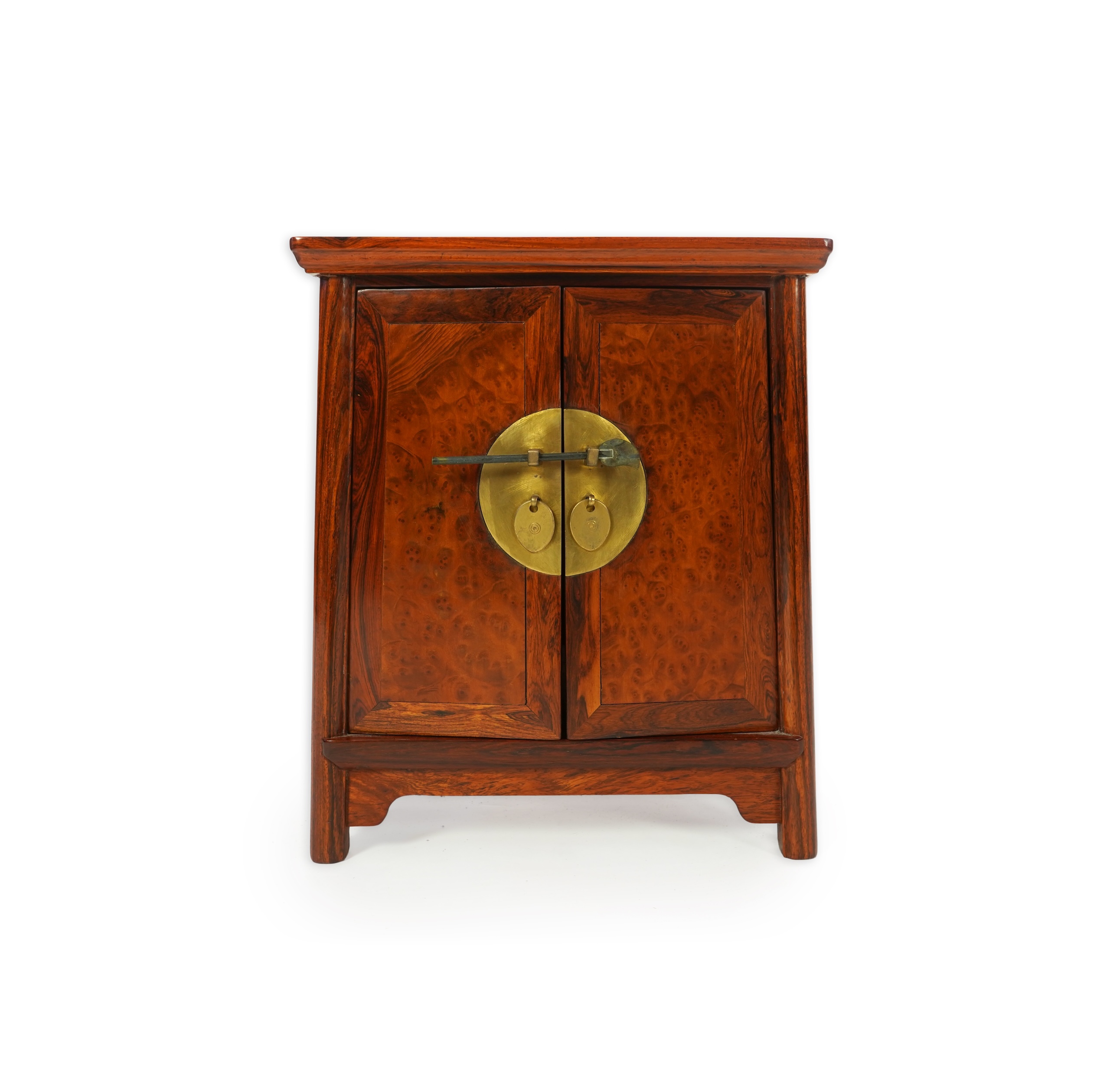 A Chinese huanghuali and burrwood panelled round-corner kang cabinet, 20th century